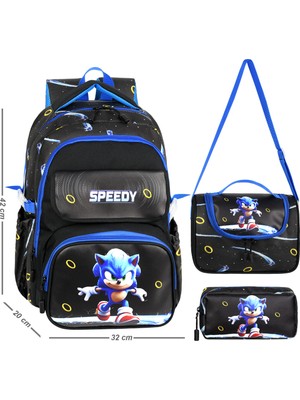 Jasfur Sonic Temalı Deri Baskılı Ilkokul Sırt Çantası, Termal Beslenme Çantası ve Kalemlik Seti
