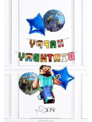 Minecraft Konsept Doğum Günü Seti Happy Bithday Banner ve 5li Balon Seti