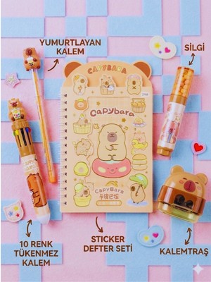 Capybara Kapibara 5'li Mini Set - Sticker Defter - Tükenmez Kalem - Silgi - Kalemtraş - Yumurtlayan Kalem - Özel Set