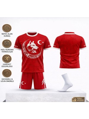 Yenteks Türkiye Milli Takım Özel Tasarım Kırmızı-Beyaz Çocuk Futbol Forması Takımı 3 Lü Set Forma+Şort+Çorap (Kod:04)