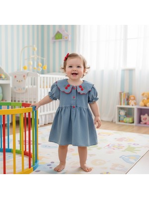 Milays Kız Bebek %100 Pamuklu Kiraz Nakışlı Kot Elbise