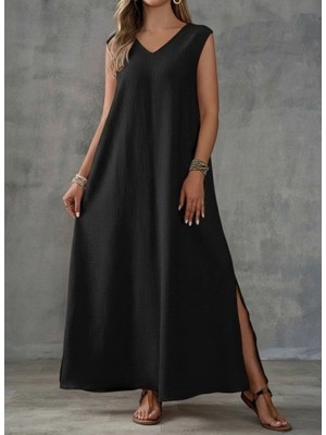 Defy Moda Kadın Askılı V Yakalı Yandan Yırtmaçlı Uzun Bürümcük Elbise