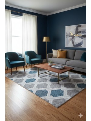 Fuly Consept  Dijital Baskılı Yolluk Halı Yıkanabilir Modern Model FCJ3011 Mavi
