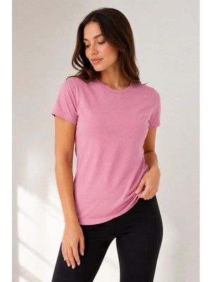 Pileli Store Kadın Basic Tişört Bisiklet Yaka Kısa Kol Günlük Yazlık Slim Fit T-Shirt - Pembe