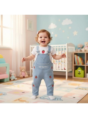 Milays Kız Bebek %100 Pamuktan Çilek Nakışlı 2li Alt Üst Kot Elbise