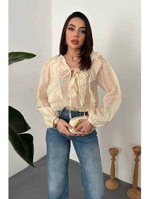 Modadua Bej Fırfırlı Bluz