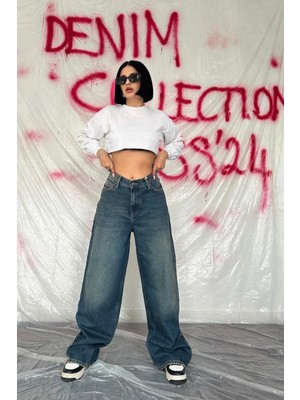 Modadua Lacivert Geniş Paça Jeans Pantolon