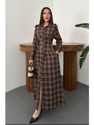 Modadua Kahverengi Pileli Ekoseli Elbise