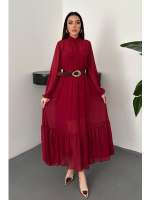 Modadua Bordo Eteği Fırfırlı Şifon Elbise