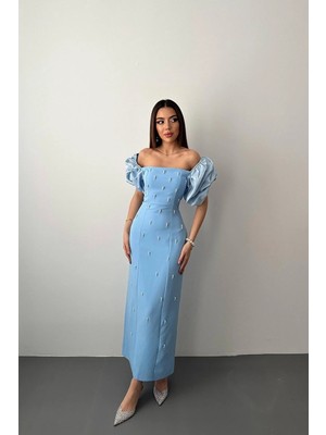 Modadua Bebe Mavi Işlemeli Kolu Garnili Elbise