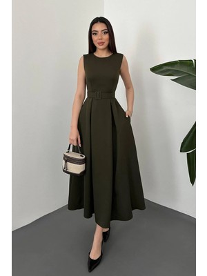 Modadua Haki Halter Yaka Kloş Elbise