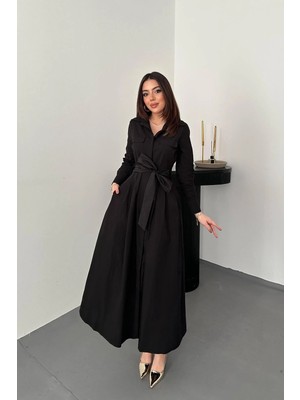 Modadua Siyah Düğmeli Poplin Elbise