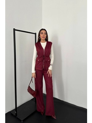 Modadua Bordo Süet Yelek Pantolon Takım