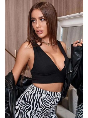 Modadua Kadın Siyah Çapraz Sırt Detaylı Şık Crop Top Büstiyer