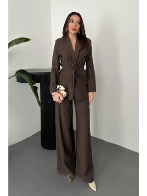 Modadua Kahverengi Belden Bağlamalı Ceket ve Pantolon Takım