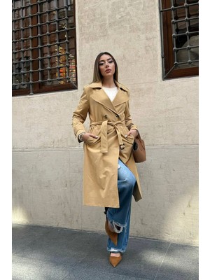 Modadua Camel Uzun Kemerli Trençkot
