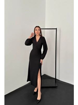 Modadua Siyah Büzgülü Krep Elbise