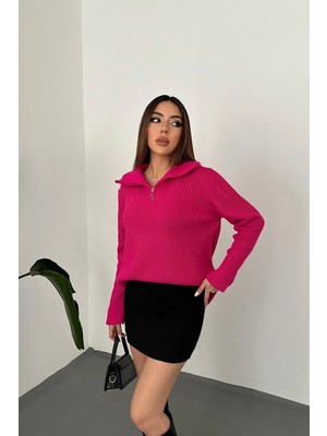 Modadua Fuşya Fermuarlı ve Boğazlı Triko Kazak