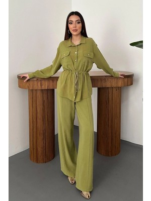 Modadua Olive Düğme Detaylı Gömlek ve Nervürlü Pantolon Takım