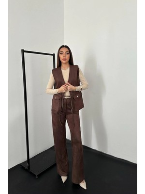 Modadua Kahverengi Süet Yelek Pantolon Takım