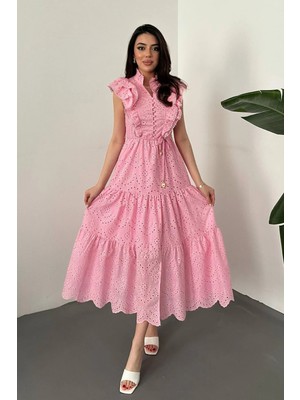 Modadua Pembe Fırfırlı Düğmeli Elbise