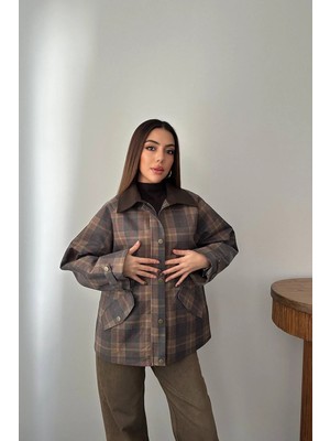 Modadua Kahverengi Yakası Garnili Ekose Ceket