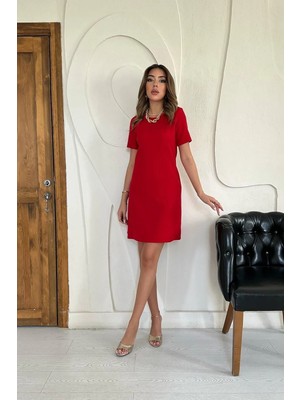 Modadua Kırmızı Kısa Kol Atlas Mini Elbise