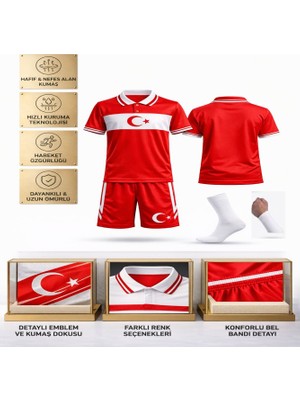 Yenteks Türkiye Milli Takım Yakalı 03 Özel Tasarım Kırmızı-Beyaz Çocuk Futbol Forması Takımı 4 Lü Set Forma+Şort+Bileklik+Çorap (KOD:Y03)