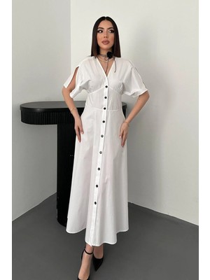 Modadua Beyaz Düğmeli Midi Boy Poplin Elbise