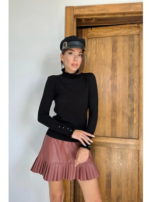 Modadua Siyah Boğazlı ve Örgülü Triko Kazak