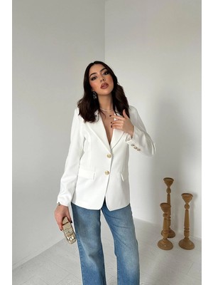 Modadua Ekru Gold Düğmeli Blazer Ceket