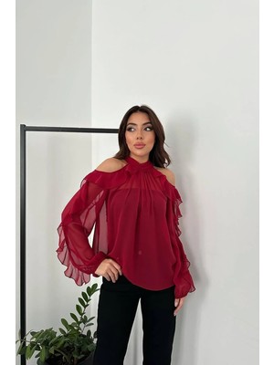 Modadua Bordo Omuzları Açık Bluz