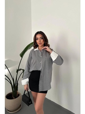 Modadua Siyah Çizgili Poplin Uzun Kol Gömlek