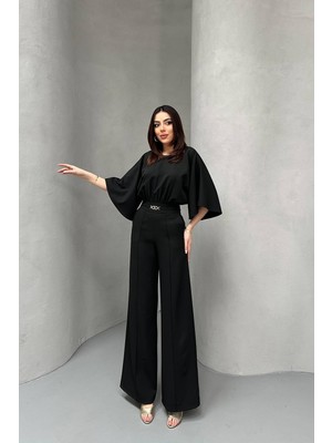 Modadua Siyah Bel Büzgülü Kemerı Aksesuarlı Yarasa Kol Tulum