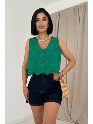 Modadua Yeşil Sıfır Kol Brode Bluz