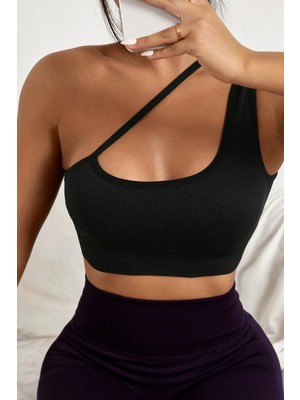 Modadua Kadın Siyah Tek Omuzlu Çapraz Askılı Crop Top Büstiyer
