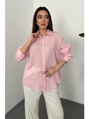 Modadua Pembe Nakışlı Oversize Gömlek