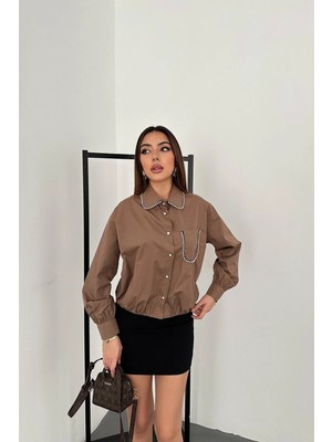 Modadua Kahverengi Taşlı Poplin Gömlek