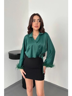 Modadua Zümrüt Kolları Tüylü Saten Crop