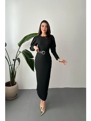 Modadua Siyah Kol Tepesi Pileli Kemerli Elbise