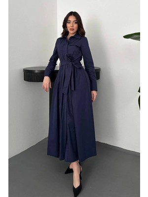 Modadua Lacivert Düğmeli Poplin Elbise