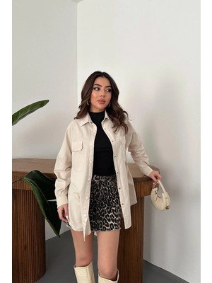 Modadua Bej Çift Cep Kapaklı Çıtçıtlı Gömlek