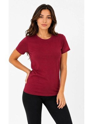 Beruflic Kadın Basic Tişört Bisiklet Yaka Kısa Kol Günlük Yazlık Slim Fit T-Shirt - Bordo