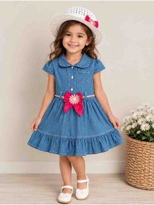 Lovinya Kids Çiçek  Detaylı  Şapkalı  Kot Elbise
