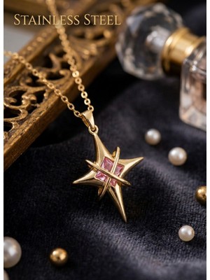 Stainless Steel Çelik Gold Renk Pembe Zirkon Taşlı Kutup Yıldızı Model Çelik Kolye