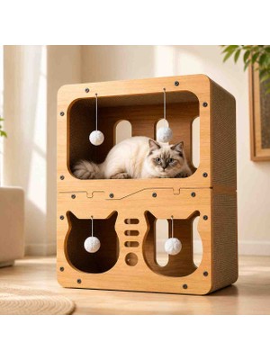 Eilo Luxe Ahşap 2 Katlı Kedi Evi Tırmalama Tahtalı Interaktif Kedi Oyun ve Uyku Alanı