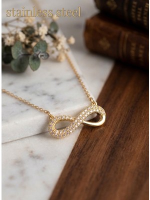 Stainless Steel Çelik Gold Renk Zincir Zirkon Taşlı Sonsuzluk Model Çelik Kolye