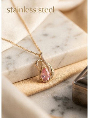 Stainless Steel 316L Çelik Zincir Gold Renk Pembe Zirkon Taş Kuğu Model Çelik Kolye