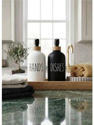Trouvaille Modern Mutfak Tezgah Üstü 2'li Sabunluk Seti - Bambu Detaylı Hands & Dishes Sıvı Sabunluk Takımı - M
