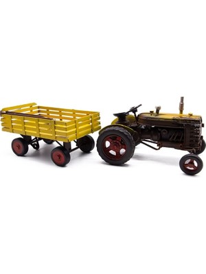 Yakalabazar Dekoratif Metal Traktör Römorklu Maket 30 cm - Vintage Eskitme Tarz Hediyelik Model